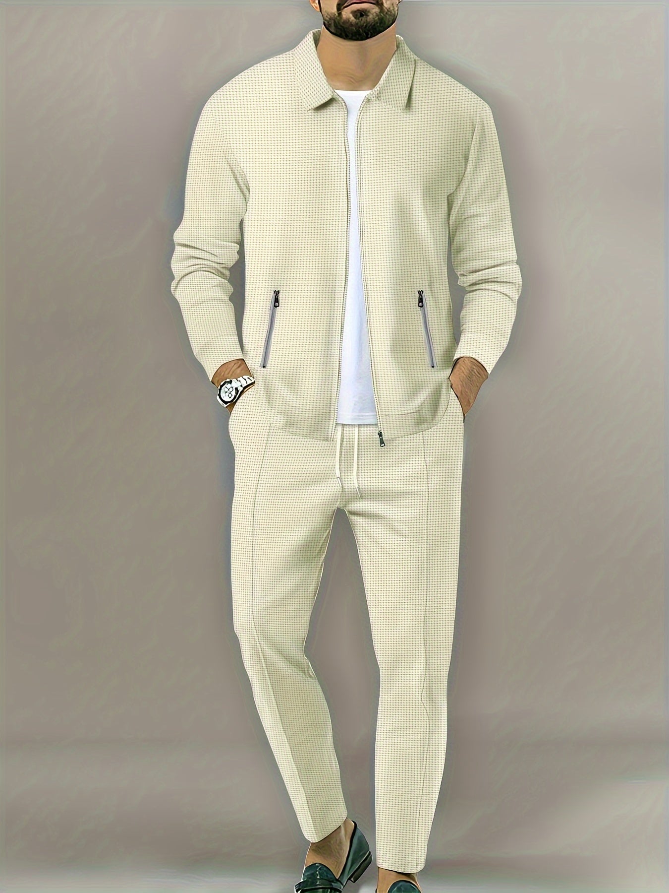 Men's Casual 2-Piece Outfit Solid Color Jacket & Drawstring Pants Set