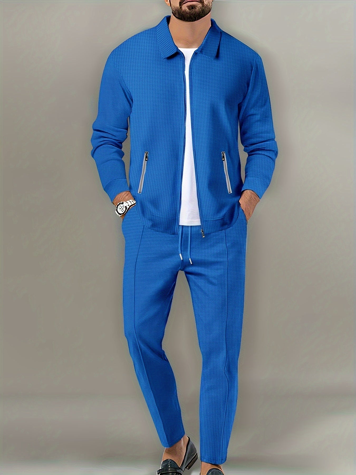 Men's Casual 2-Piece Outfit Solid Color Jacket & Drawstring Pants Set