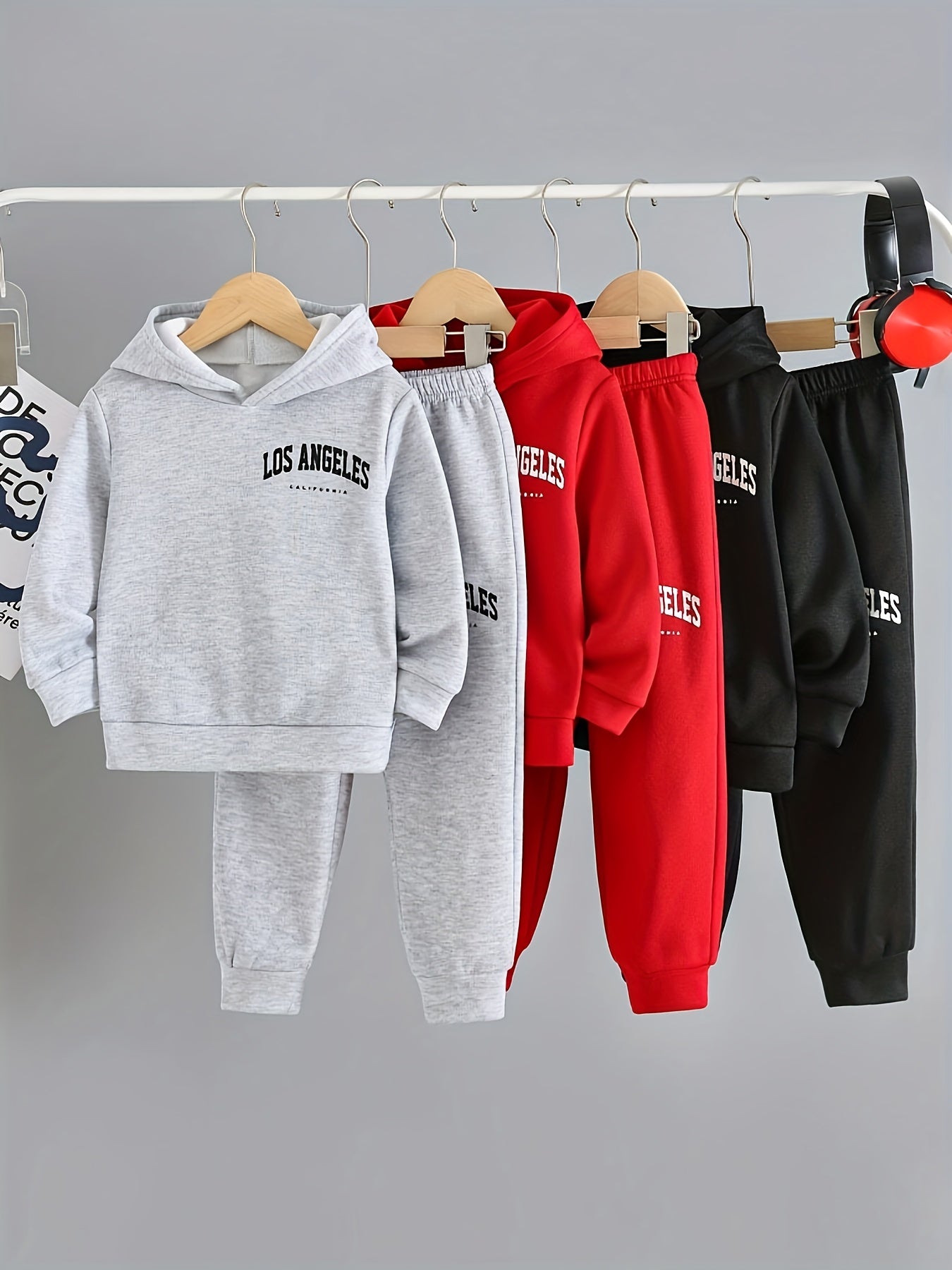 3 Sets - Boy's LOS ANGELES Letter Print Casual Long Sleeve Hoodies & Elastic Waist Pants