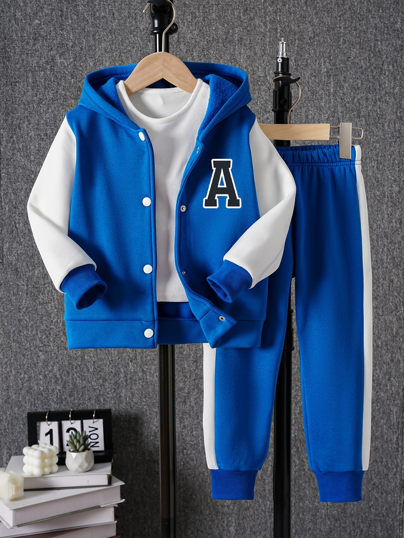 Boys Color Block Long Sleeve Drop Shoulder Varsity Hooded Baseball Jacket & Casual Pants