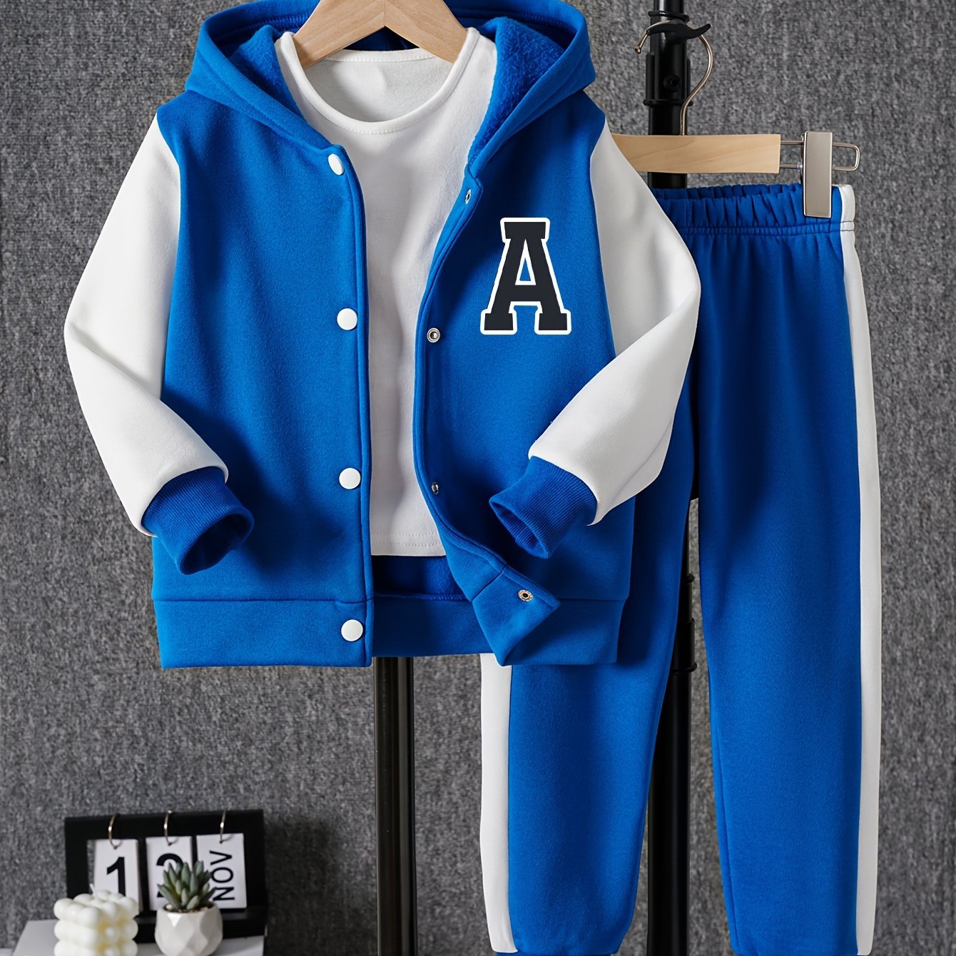 Boys Color Block Long Sleeve Drop Shoulder Varsity Hooded Baseball Jacket & Casual Pants