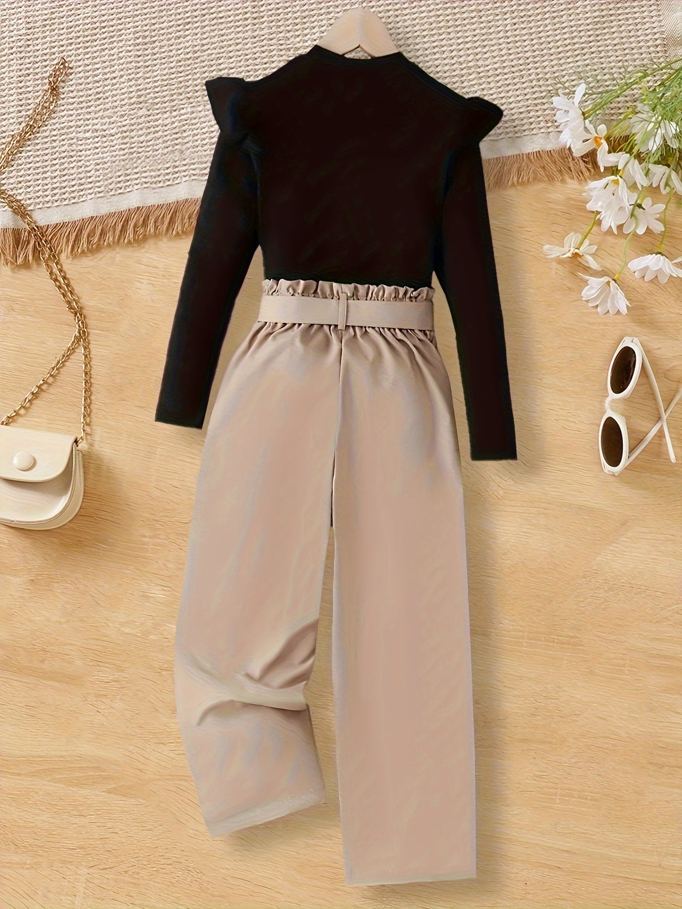 1 Set Long-Sleeve Ruffled Pullover Top + Straight Pants