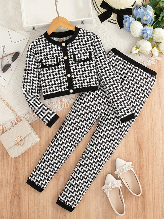 2-Piece Set Girls Houndstooth Pattern Button Long Sleeve Top & Pants