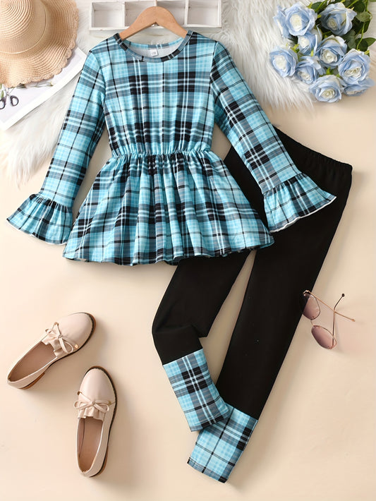 Girls' Plaid Long Sleeve Comfort Pullover Top and Color Block Leggings Set