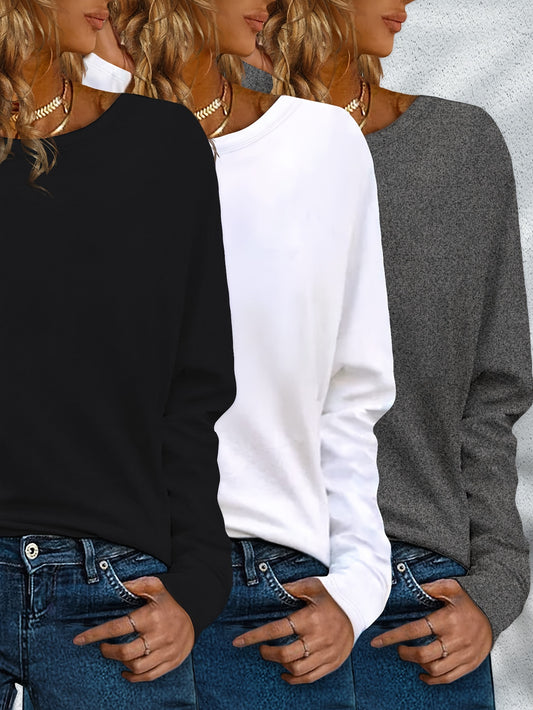 Women's 3pcs Solid Color Long Sleeve T-Shirts Casual Crew Neck