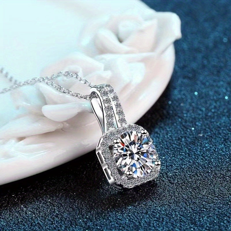 1-2 Carat Diamond Princess Square Pendant Necklace Sterling Silver