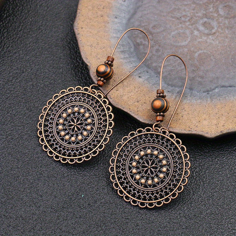 Vintage Round Shape Carved Flower Pattern Dangle Earrings