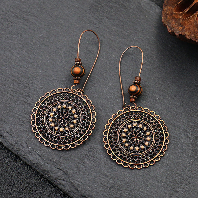 Vintage Round Shape Carved Flower Pattern Dangle Earrings