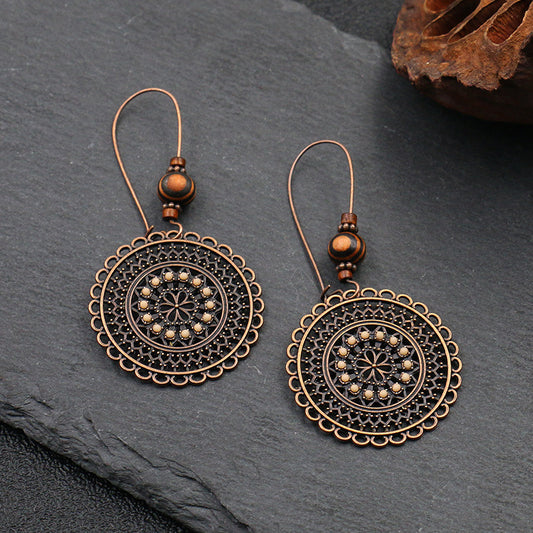 Vintage Round Shape Carved Flower Pattern Dangle Earrings