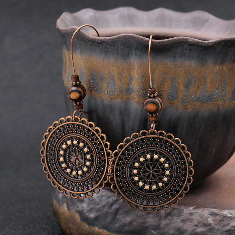 Vintage Round Shape Carved Flower Pattern Dangle Earrings