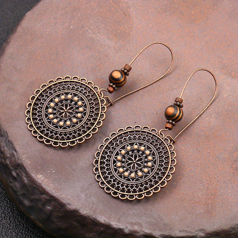 Vintage Round Shape Carved Flower Pattern Dangle Earrings