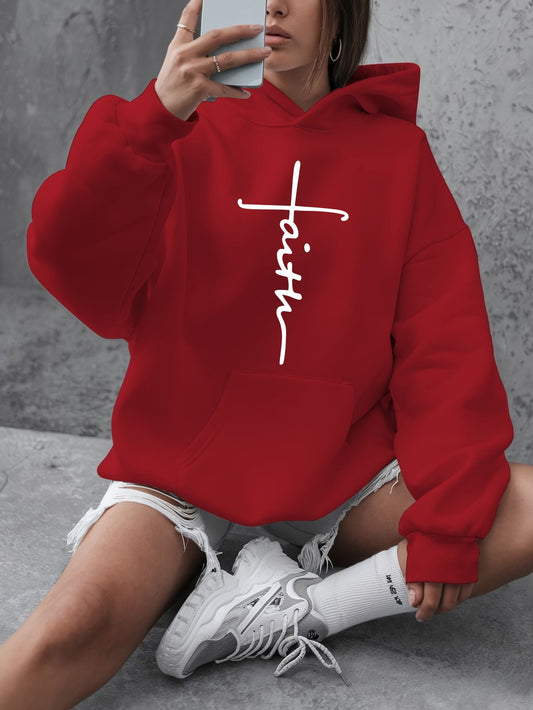 1pc Women's Plus Size Casual Pullover Hoodie with "Faith" Print