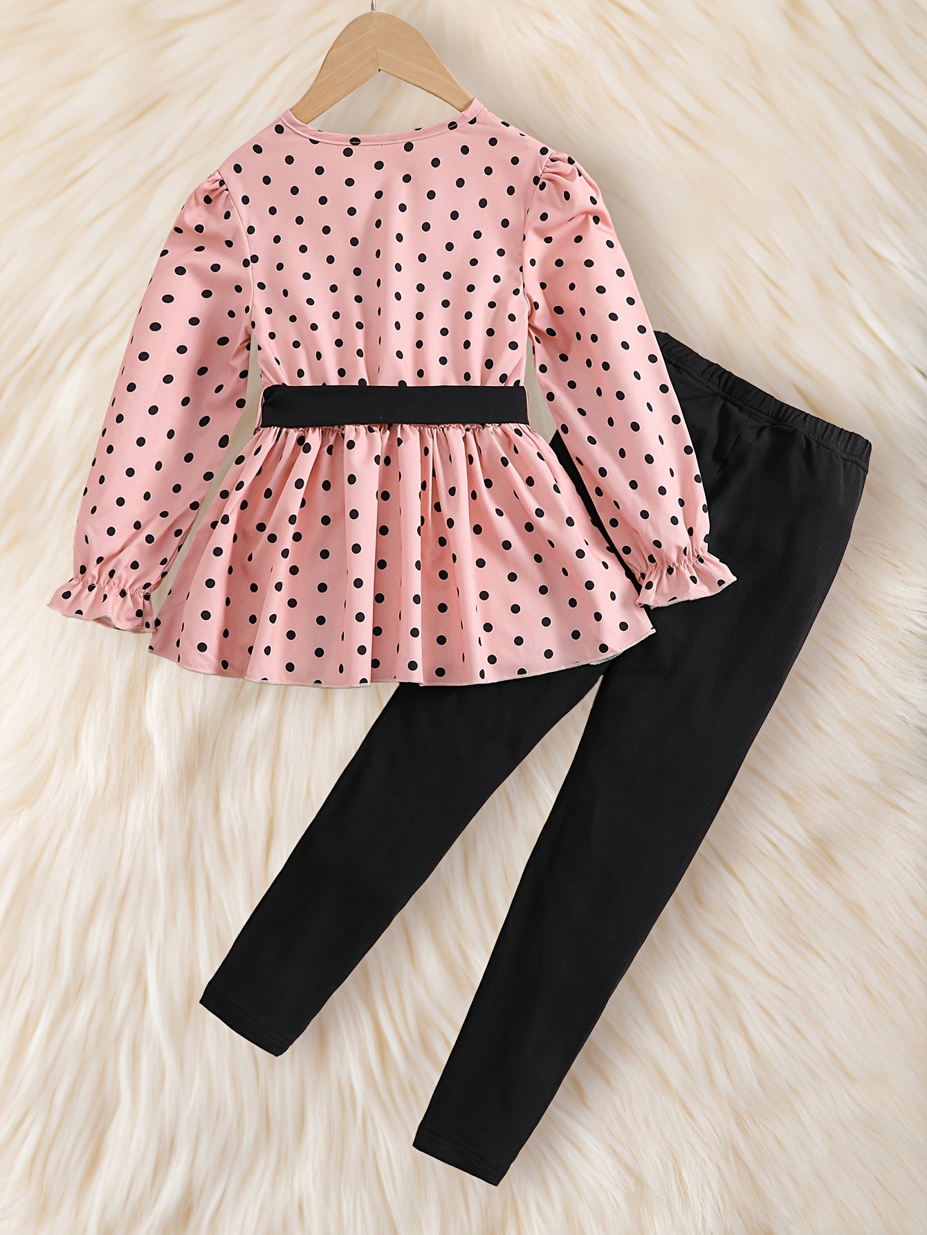 Pink Polka Dot Puff Sleeve Top with Bow Belt & Black Elastic Waist Long Pants