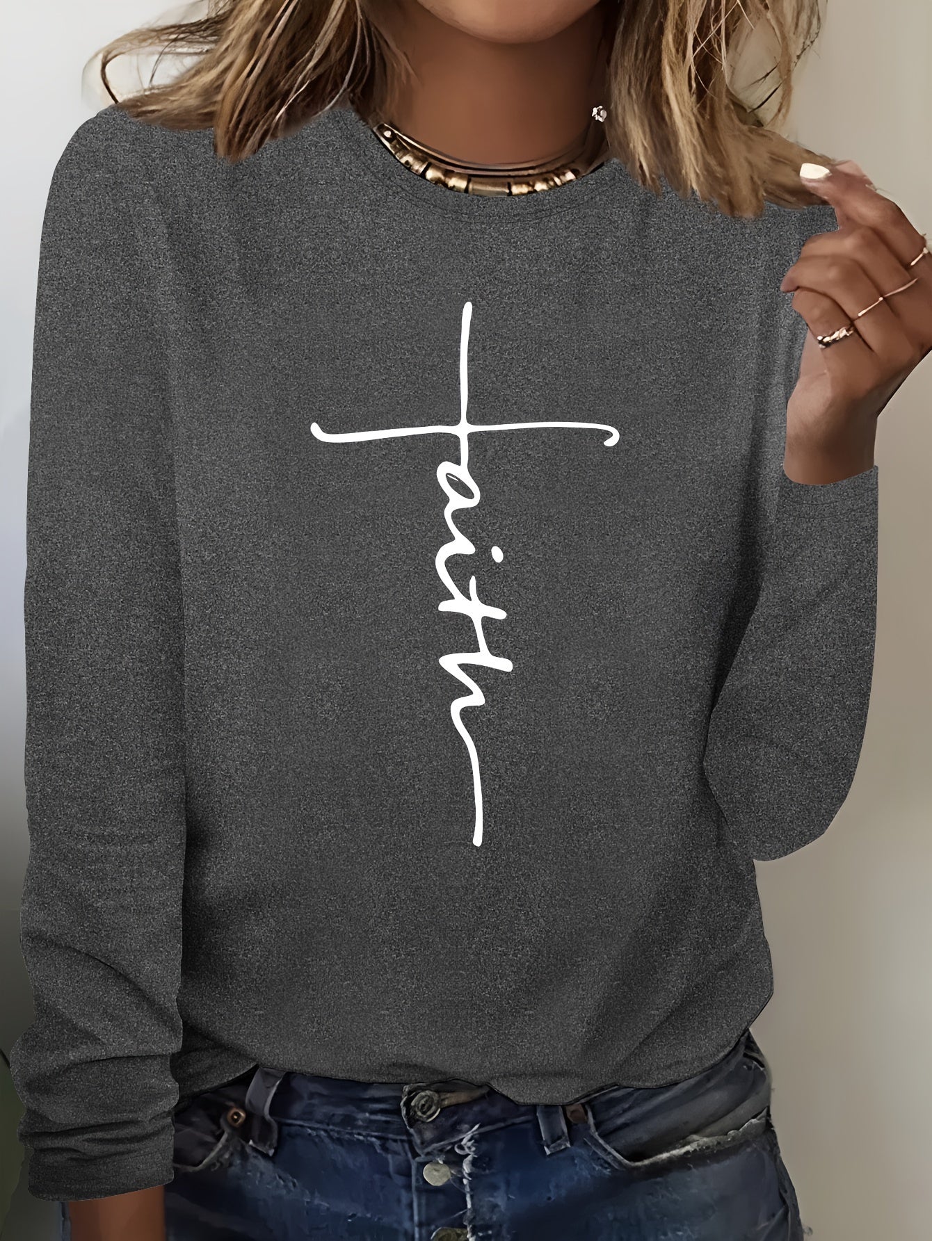 Faith Print Long Sleeve Crew Neck T-Shirt