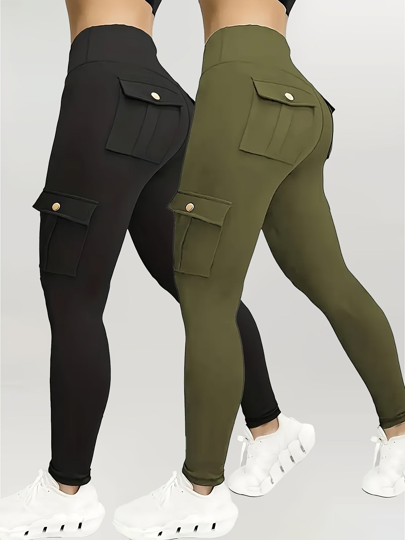 2Pcs Women's High-Waisted Pocket Cargo Fitness Pants