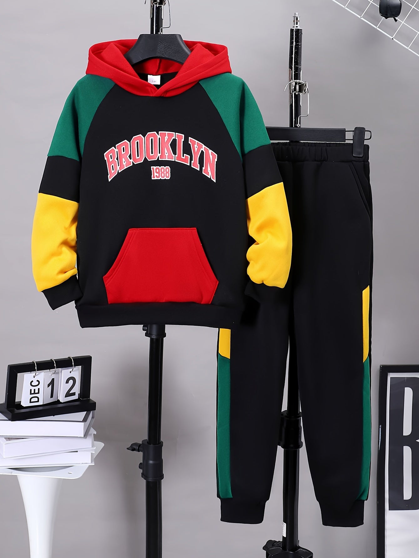 2pcs Comfy Long Sleeve Color Block Hoodie & Sweatpants