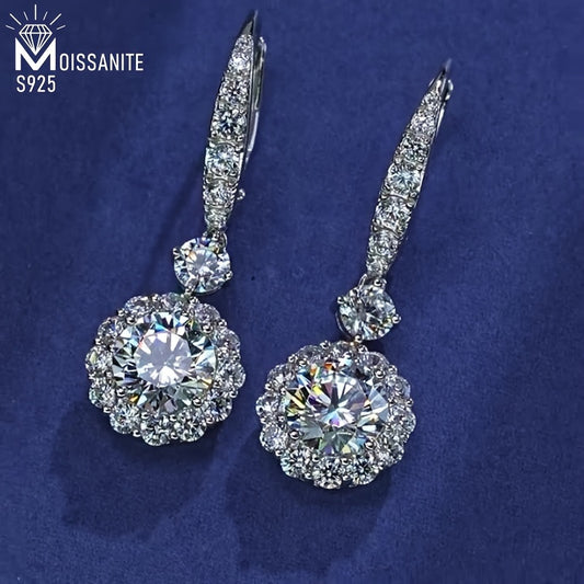 2 Carat Silver Moissanite Round Dangle Earrings