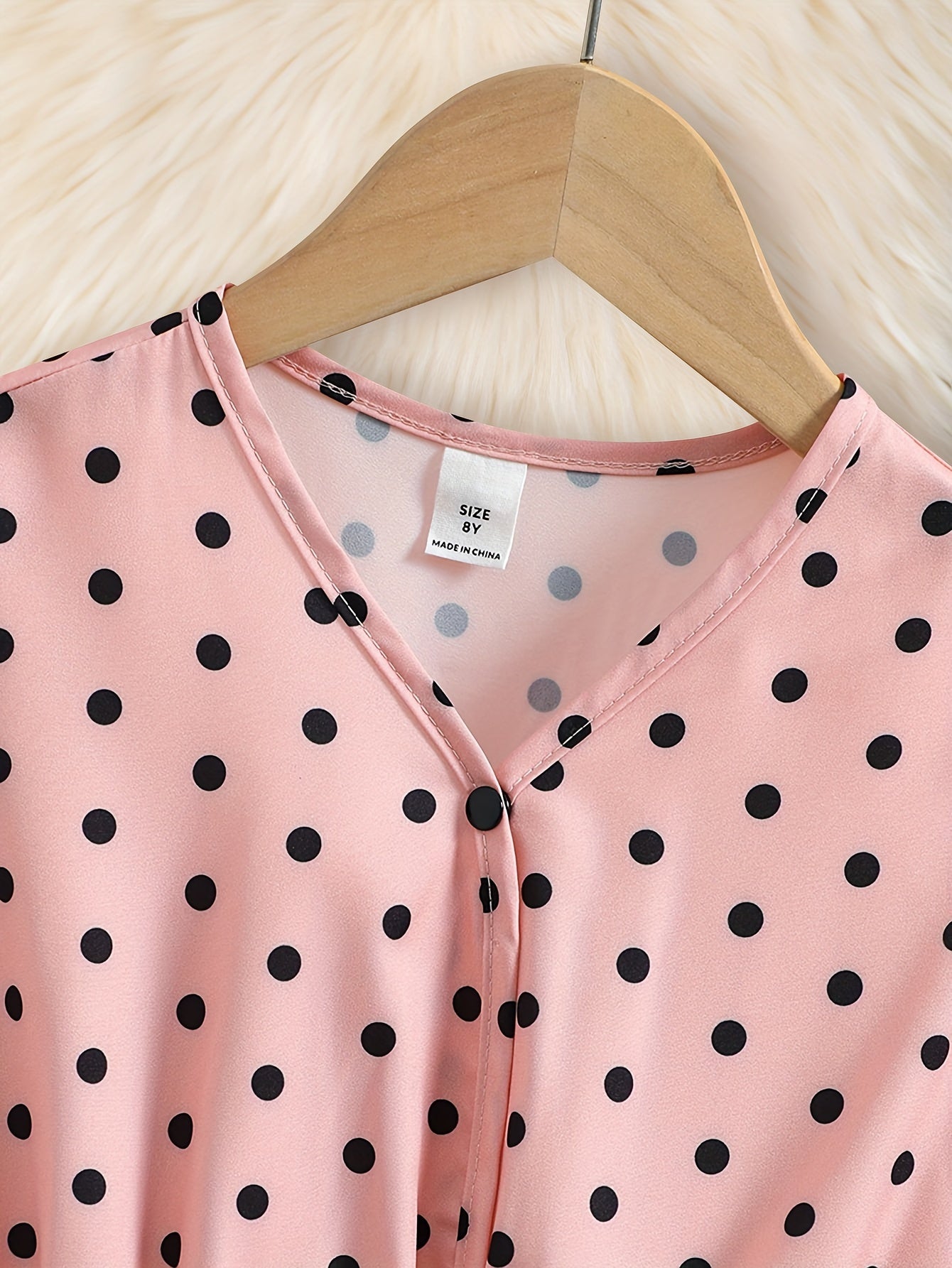 Pink Polka Dot Puff Sleeve Top with Bow Belt & Black Elastic Waist Long Pants