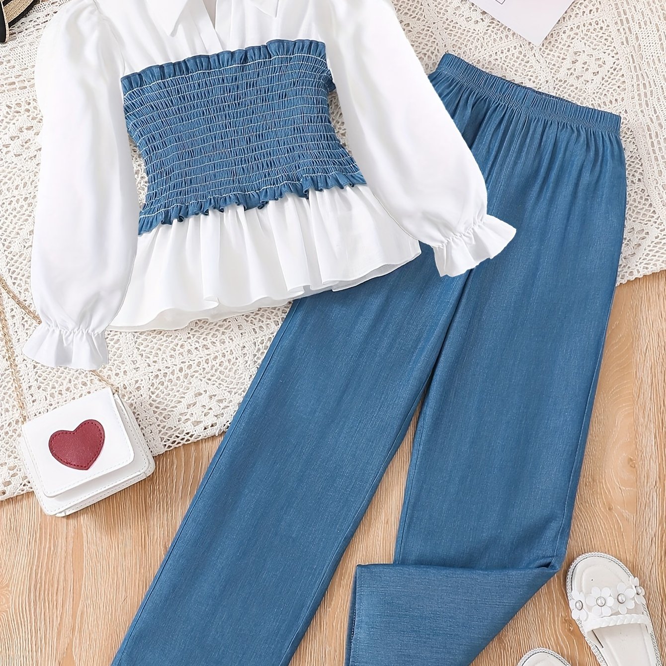 Girls' Patchwork Top and Autumn Imitation Denim Casual Pants Set