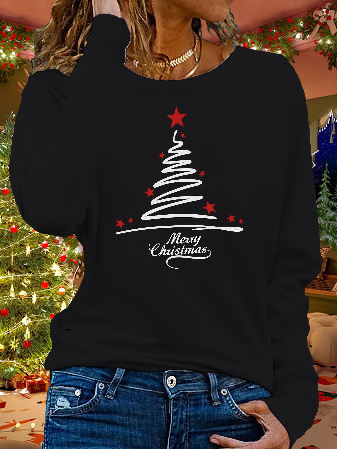 Women's Long Sleeve Christmas Tree Design Casual Top