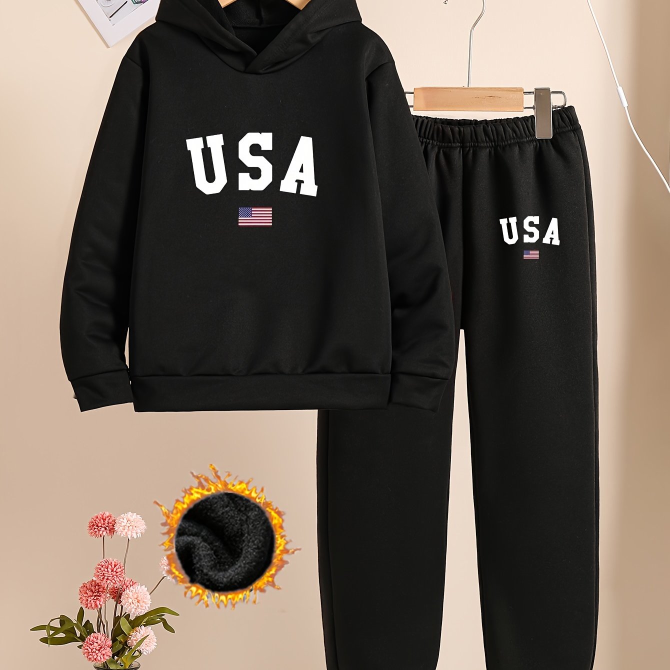 Cozy Fleece-Lined Hoodie & Joggers Set for Girls - USA Letter Print