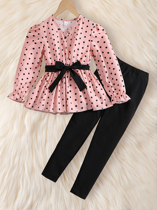 Pink Polka Dot Puff Sleeve Top with Bow Belt & Black Elastic Waist Long Pants