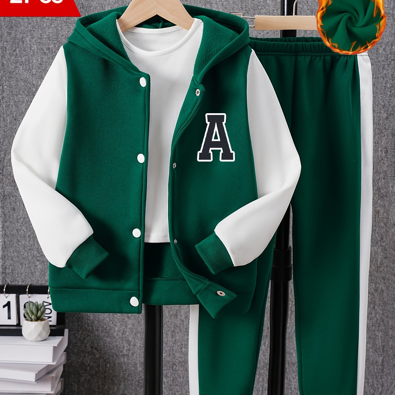 Boys Color Block Long Sleeve Drop Shoulder Varsity Hooded Baseball Jacket & Casual Pants