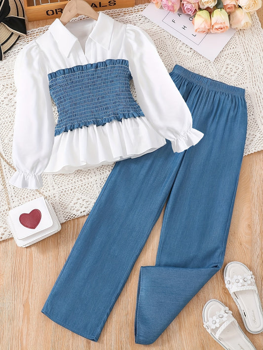 Girls' Patchwork Top and Autumn Imitation Denim Casual Pants Set