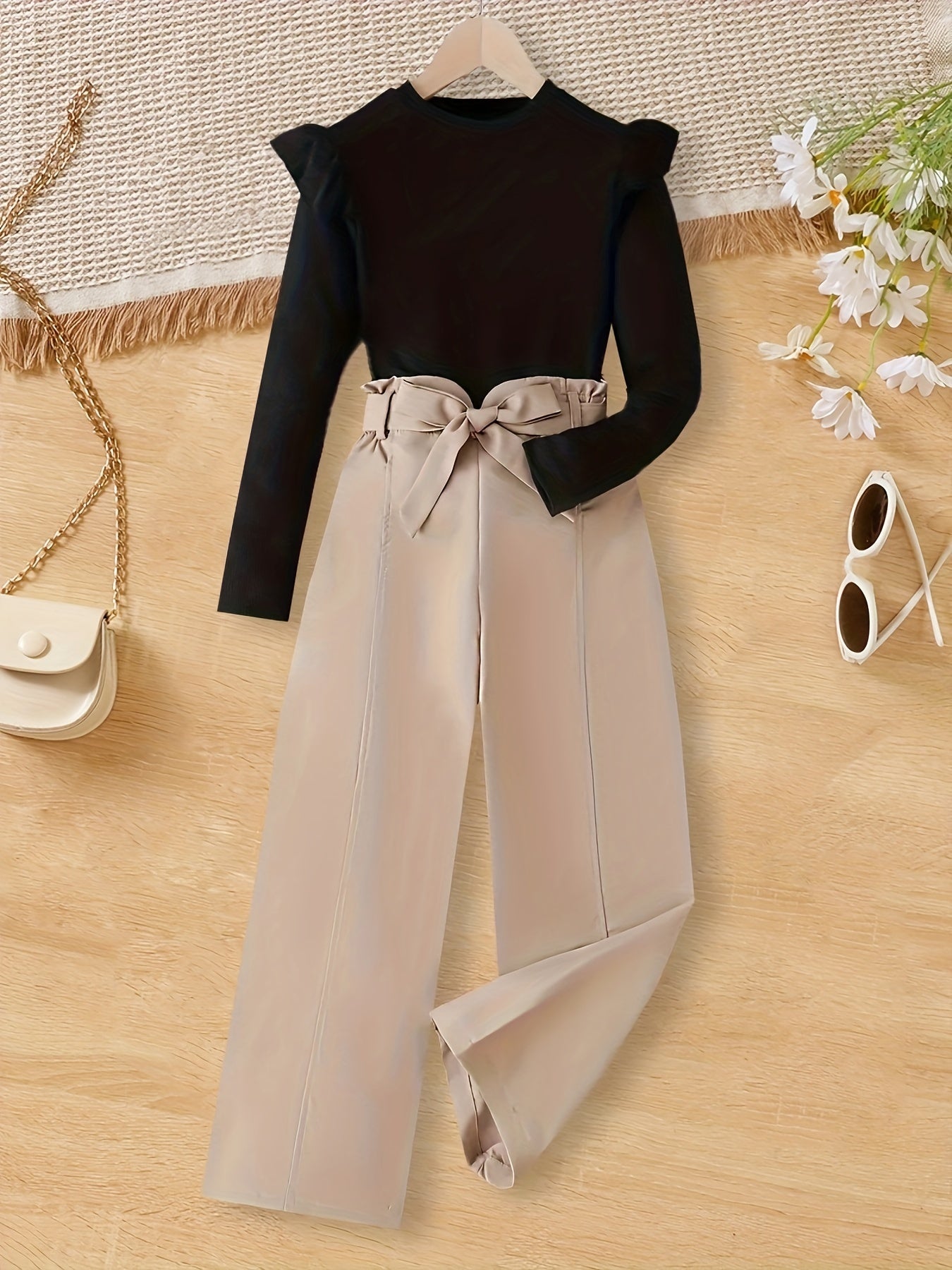 1 Set Long-Sleeve Ruffled Pullover Top + Straight Pants