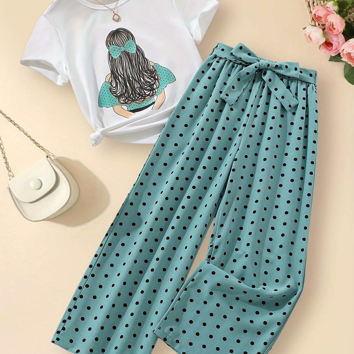 2pcs, Portrait Graphic Crew Neck T-shirt + Dot Print Pants With Belt