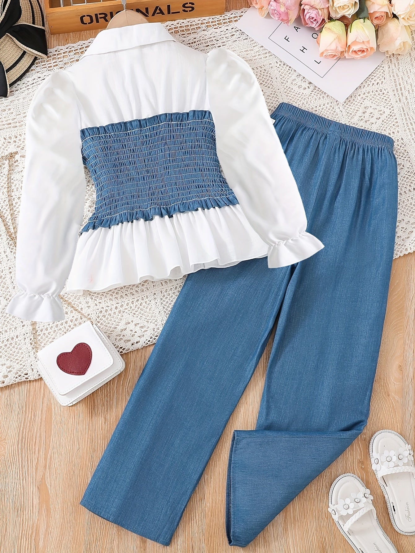 Girls' Patchwork Top and Autumn Imitation Denim Casual Pants Set