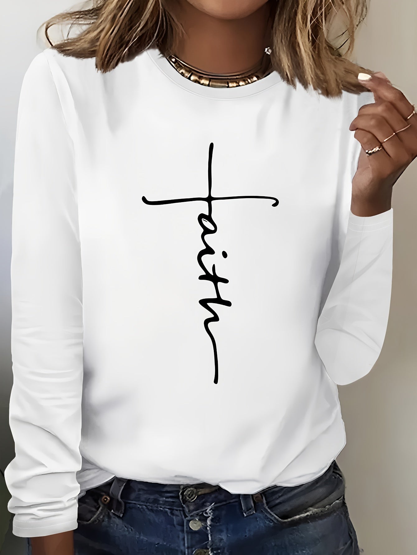 Faith Print Long Sleeve Crew Neck T-Shirt