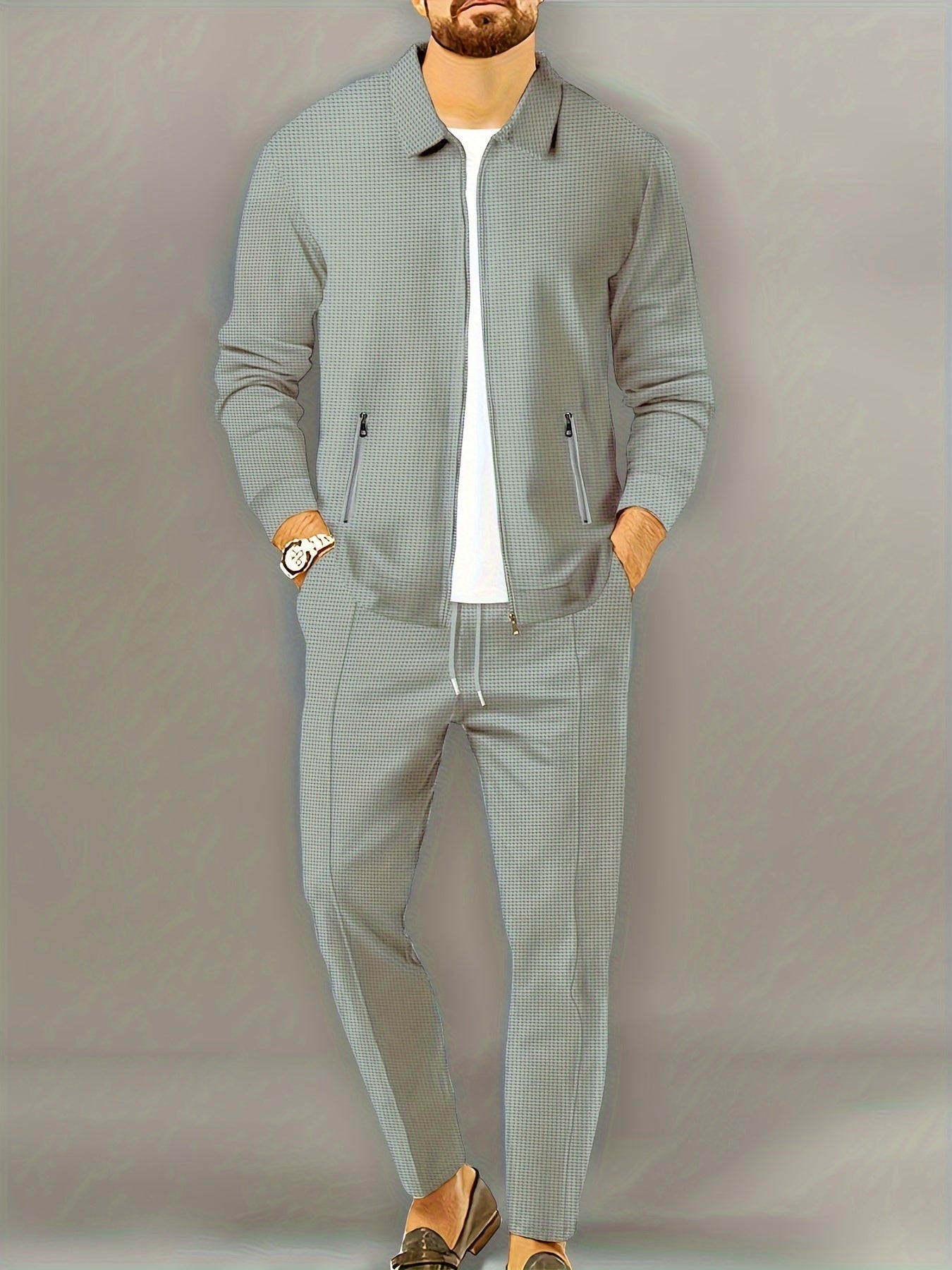 Men's Casual 2-Piece Outfit Solid Color Jacket & Drawstring Pants Set