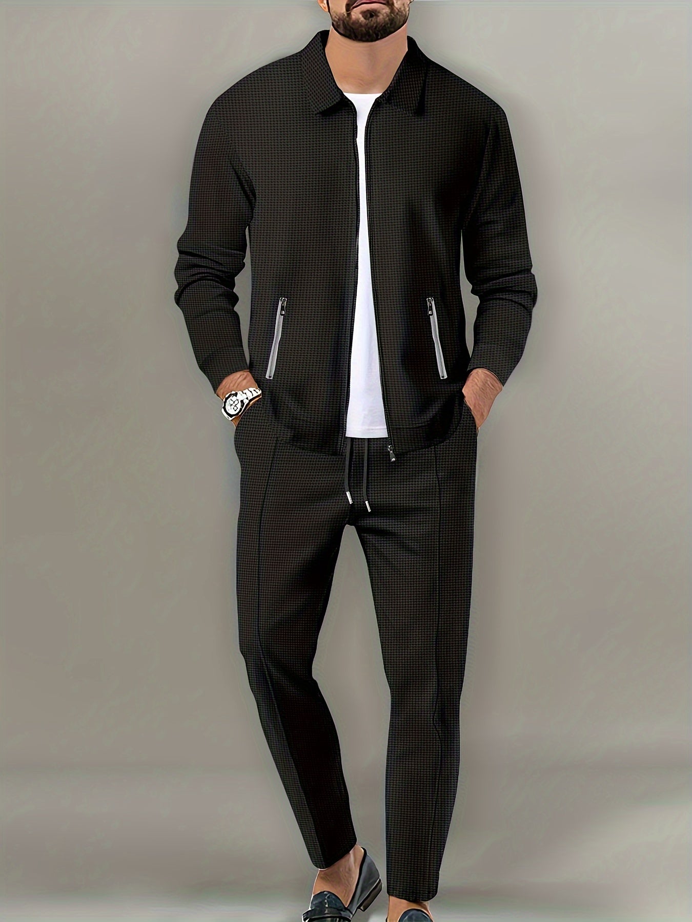 Men's Casual 2-Piece Outfit Solid Color Jacket & Drawstring Pants Set