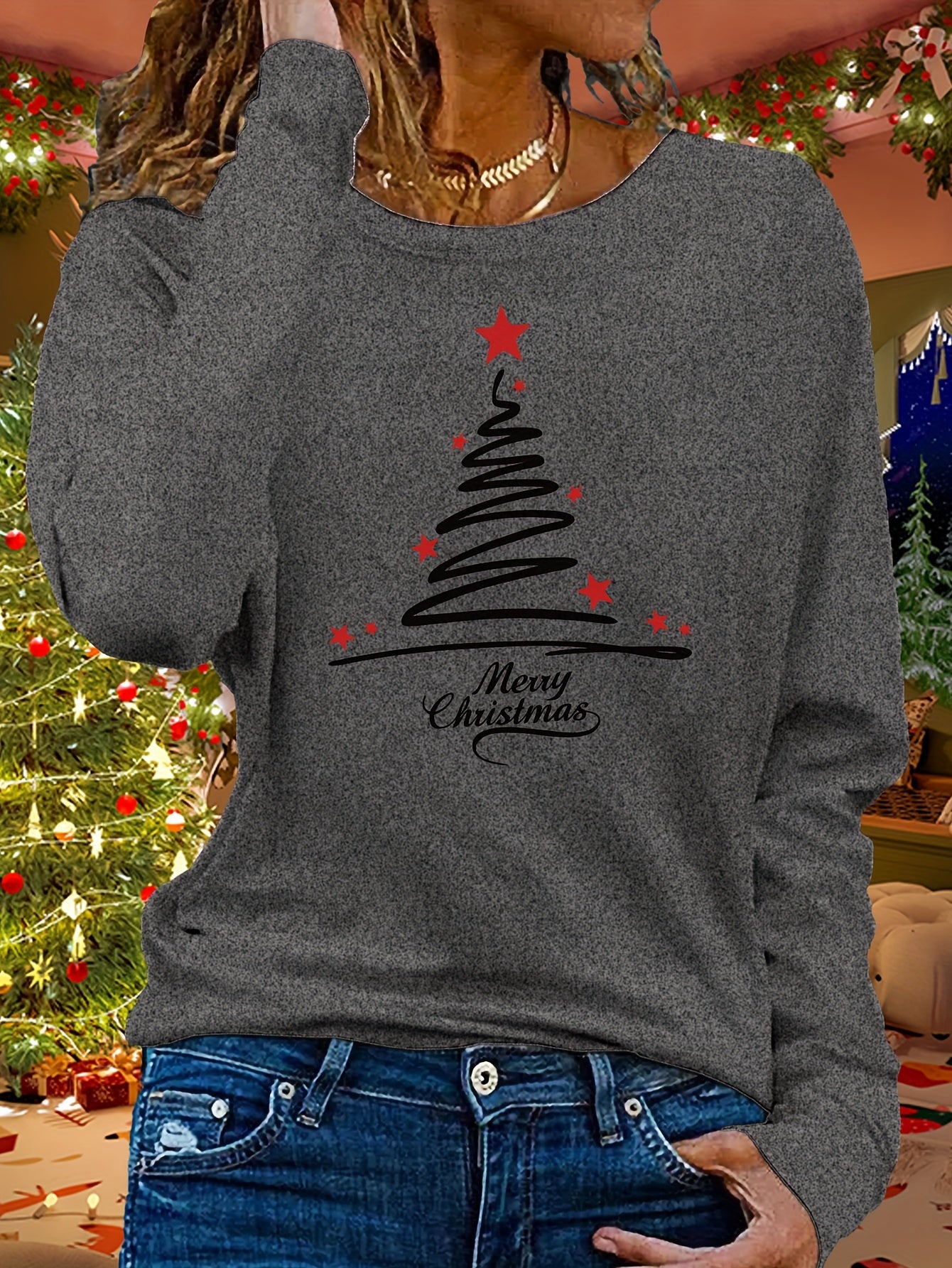 Women's Long Sleeve Christmas Tree Design Casual Top