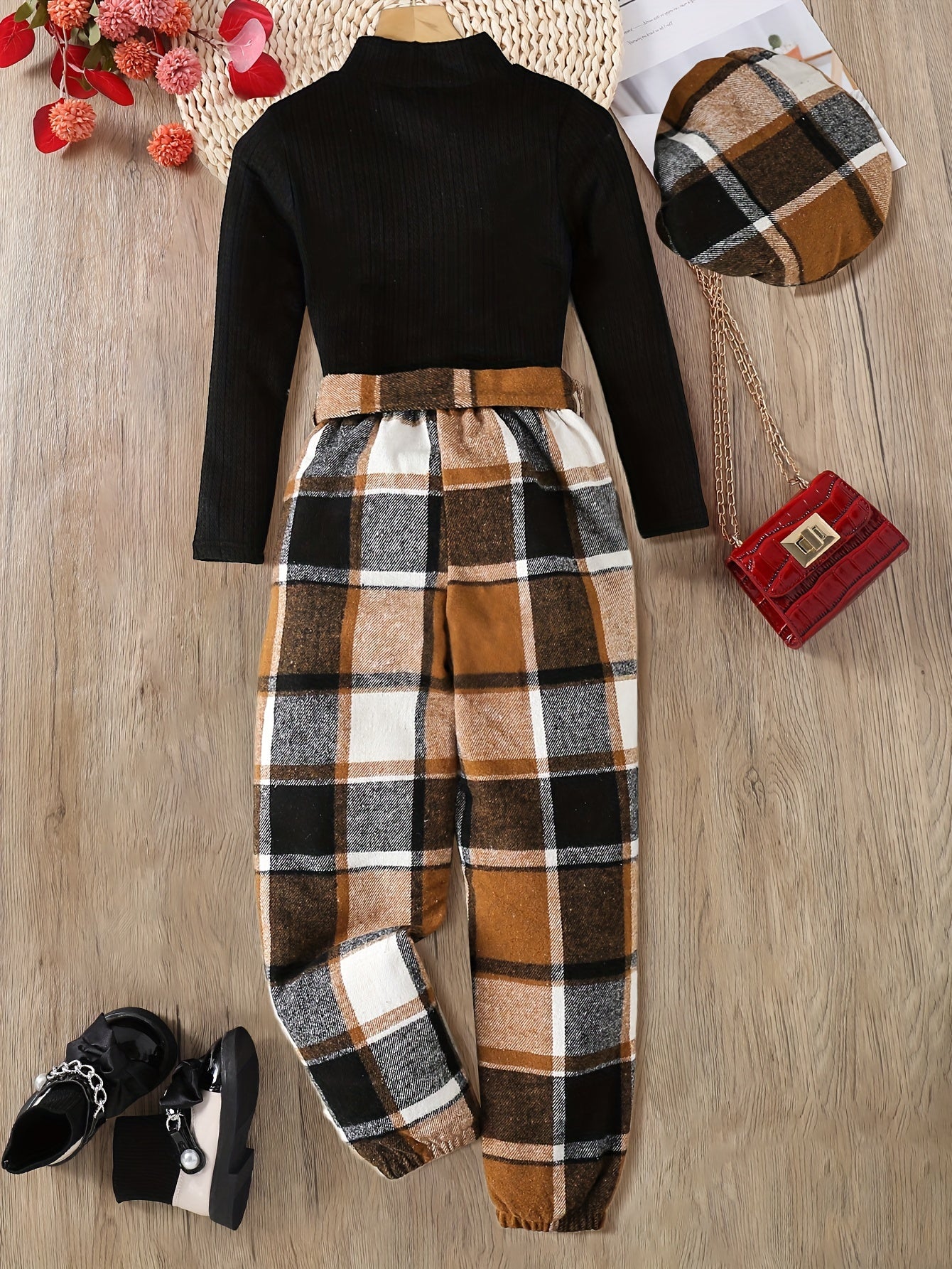 Solid Rib-knit Long Sleeve Top Pullover + Plaid Trousers