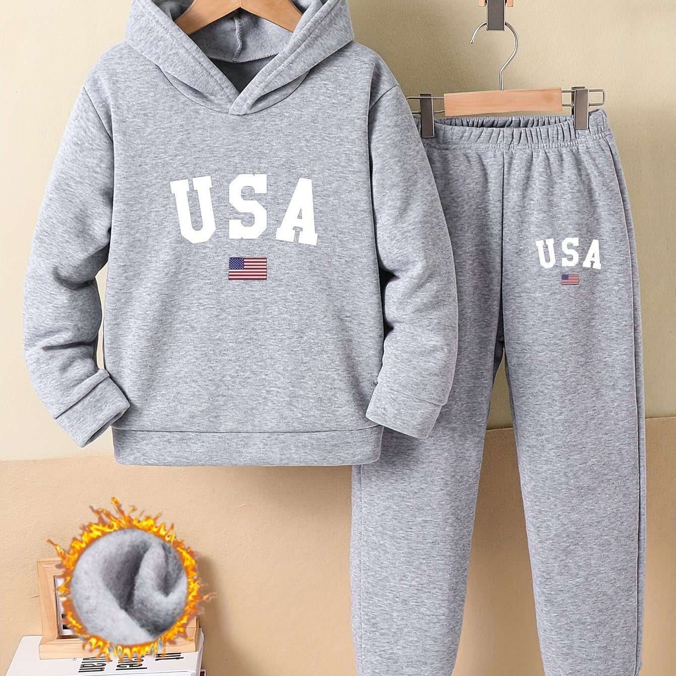 Cozy Fleece-Lined Hoodie & Joggers Set for Girls - USA Letter Print