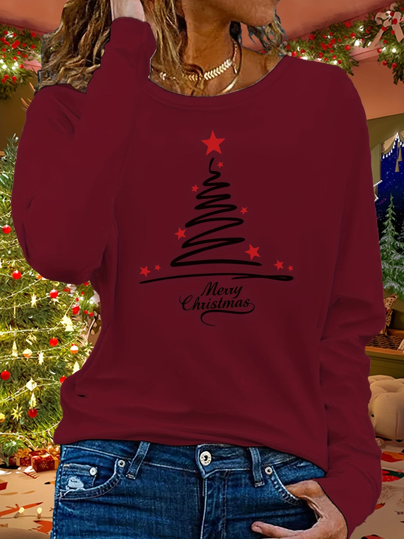 Women's Long Sleeve Christmas Tree Design Casual Top