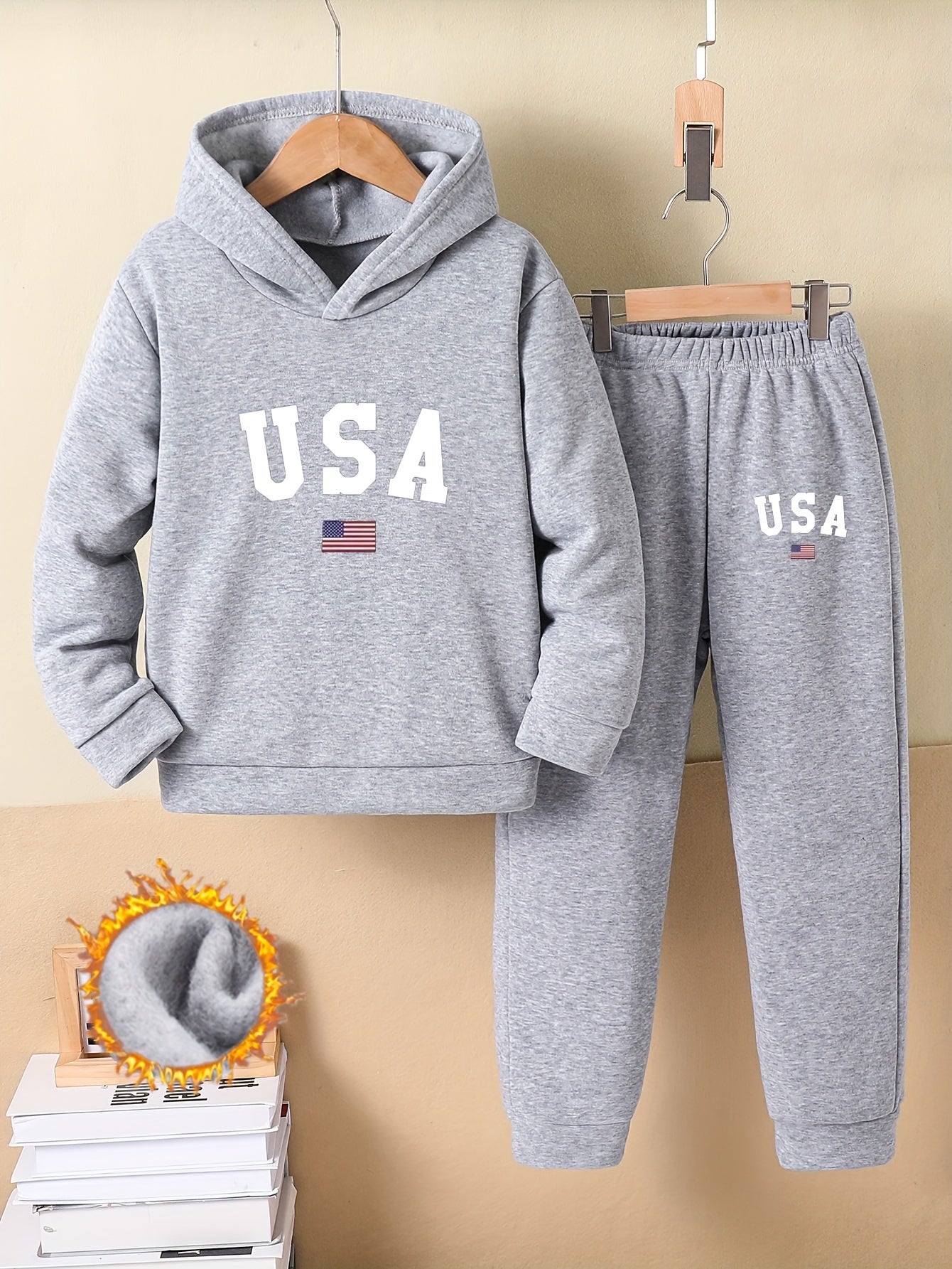 Cozy Fleece-Lined Hoodie & Joggers Set for Girls - USA Letter Print