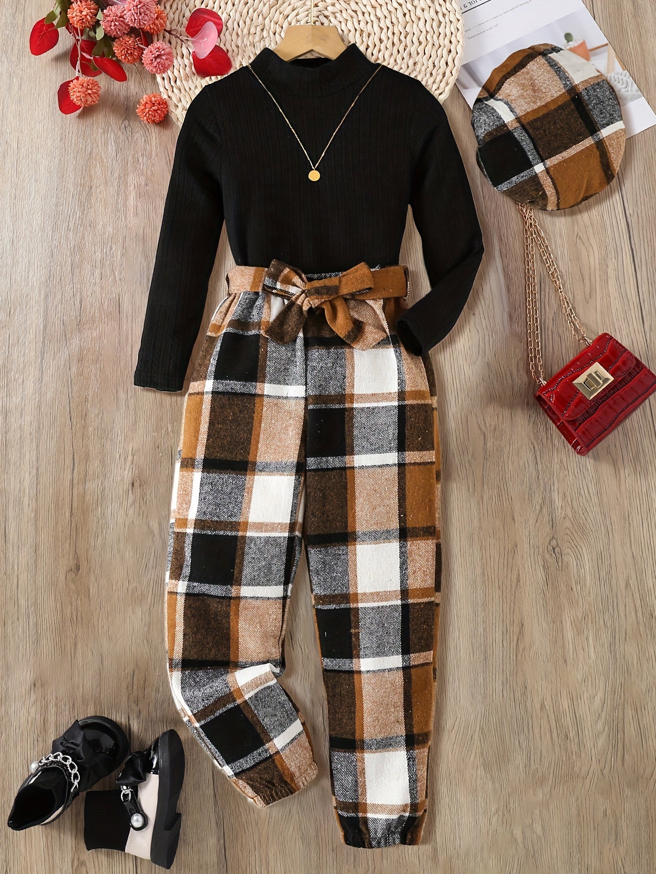 Solid Rib-knit Long Sleeve Top Pullover + Plaid Trousers