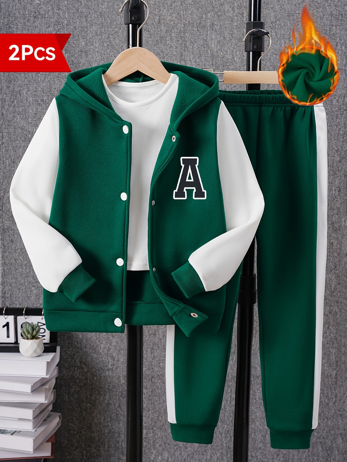 Boys Color Block Long Sleeve Drop Shoulder Varsity Hooded Baseball Jacket & Casual Pants