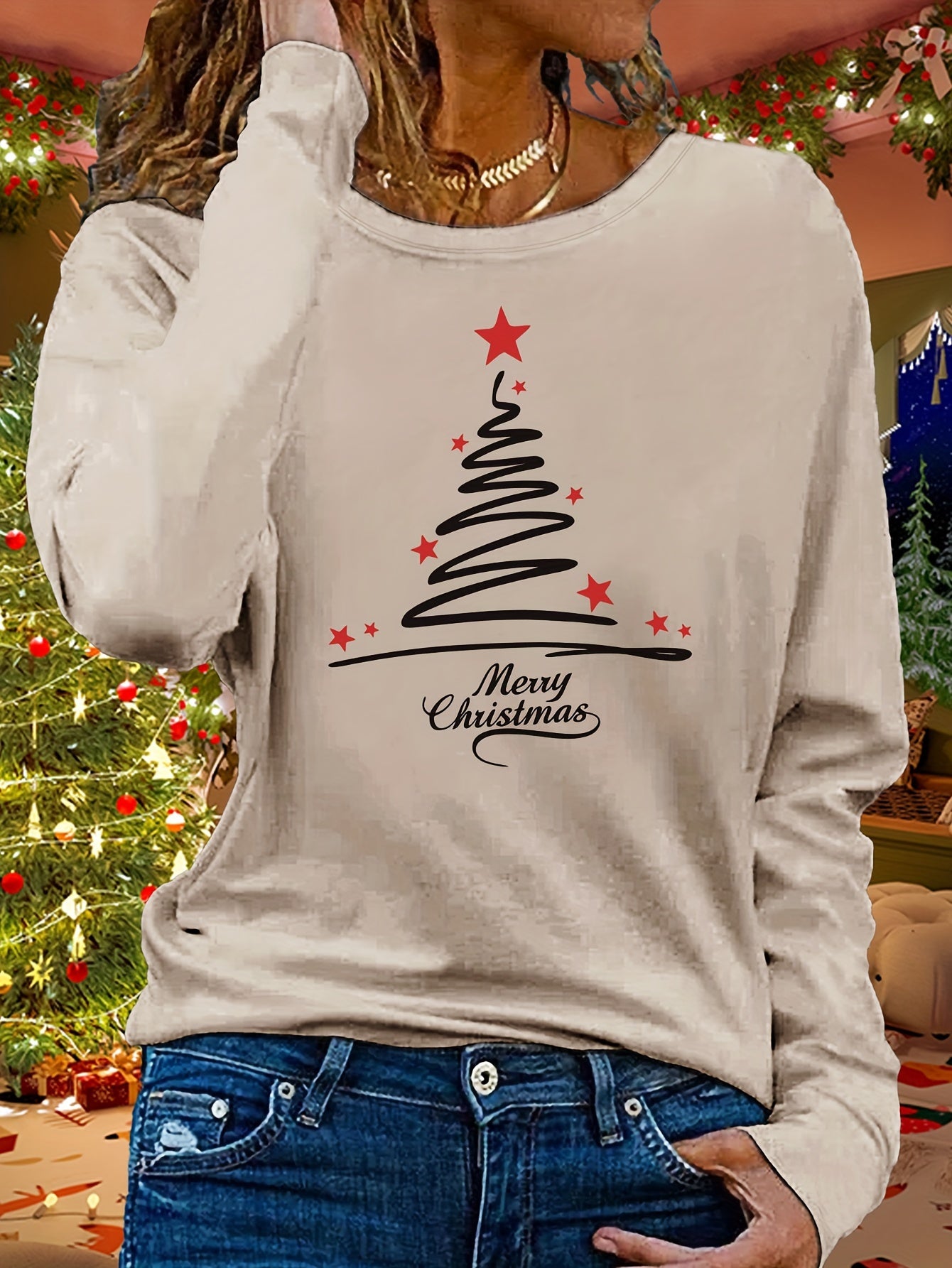 Women's Long Sleeve Christmas Tree Design Casual Top