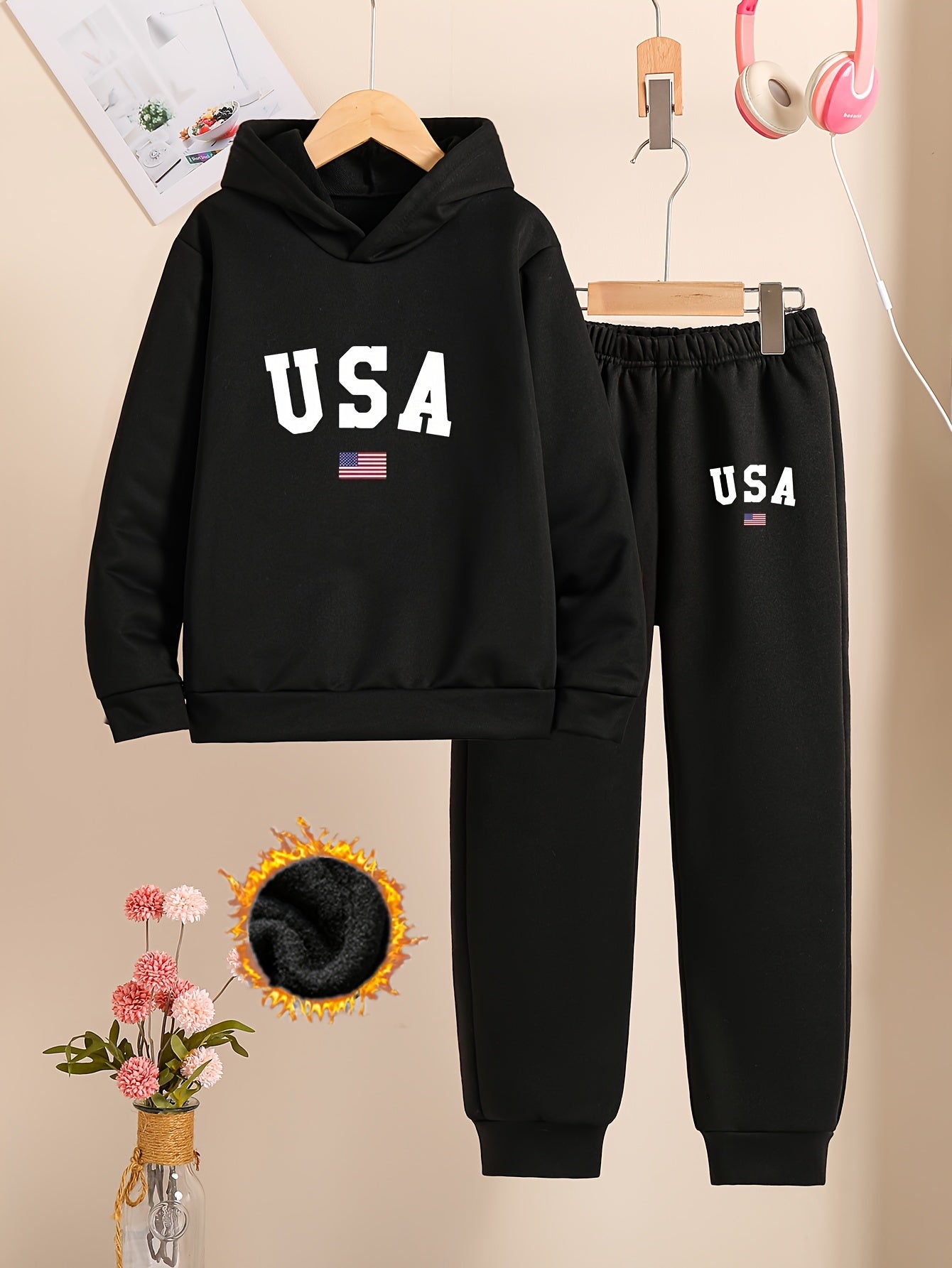 Cozy Fleece-Lined Hoodie & Joggers Set for Girls - USA Letter Print