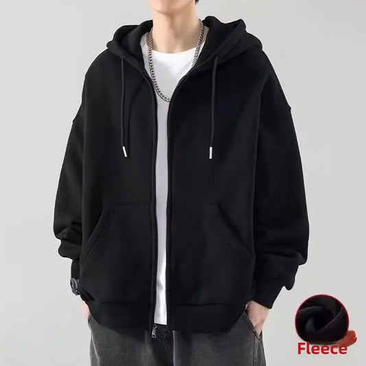 Zip-Up Fleece-Lined Solid Color Sweatshirt Autumn Winter