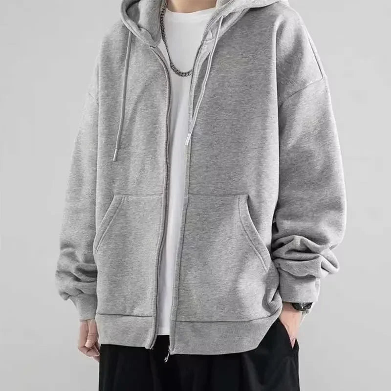 Zip-Up Fleece-Lined Solid Color Sweatshirt Autumn Winter