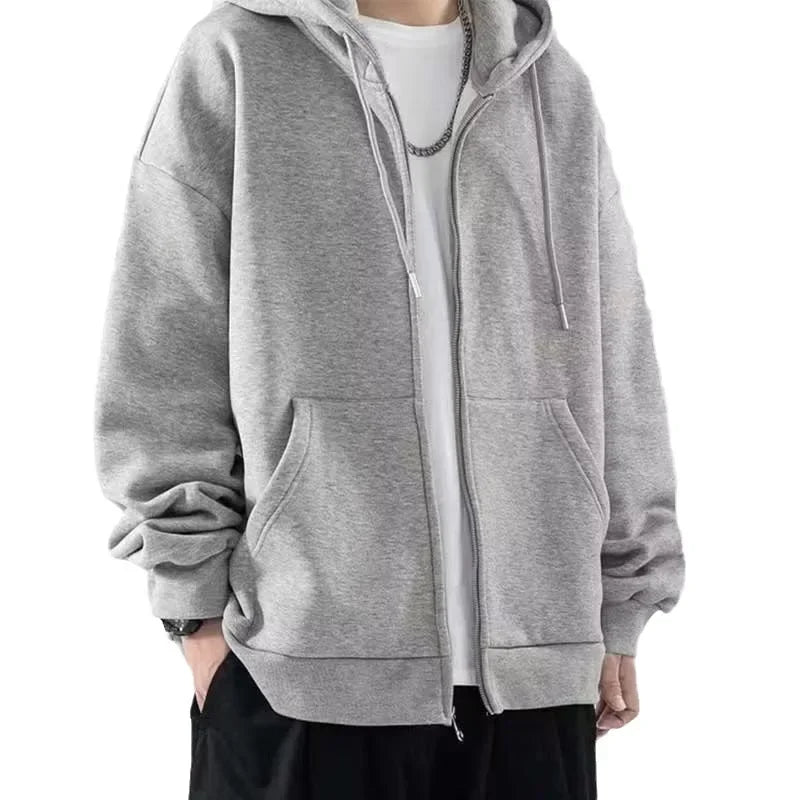 Zip-Up Fleece-Lined Solid Color Sweatshirt Autumn Winter