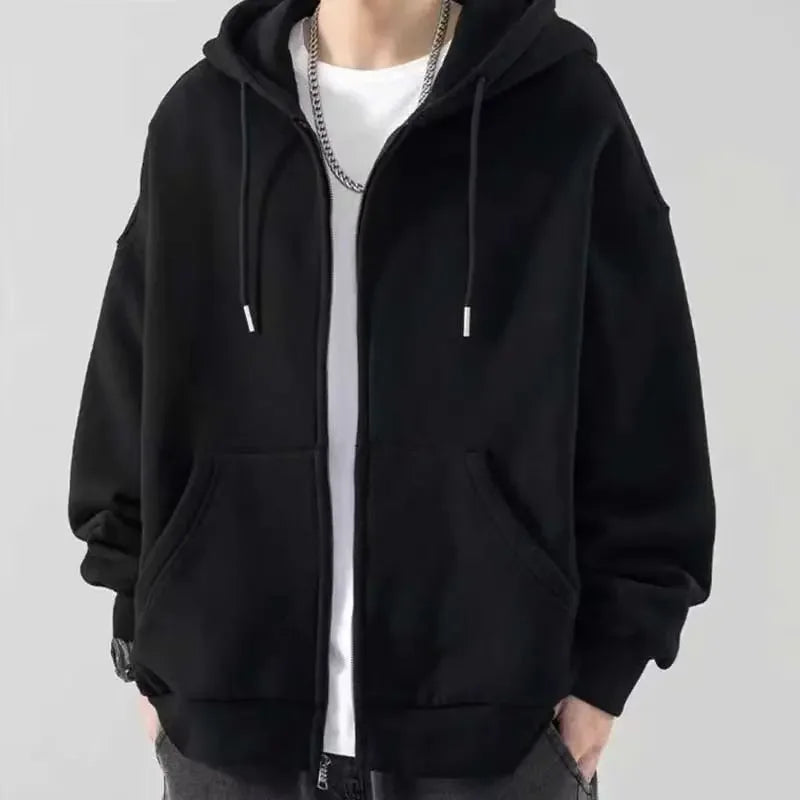 Zip-Up Fleece-Lined Solid Color Sweatshirt Autumn Winter