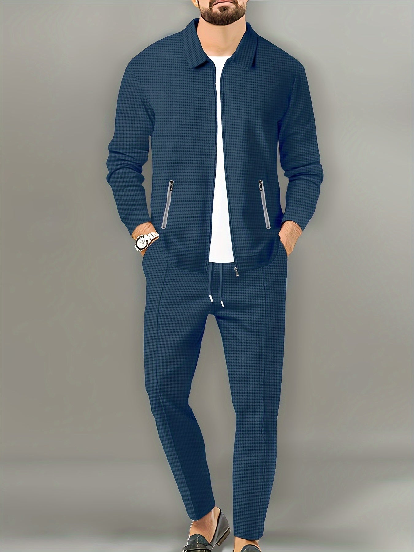 Men's Casual 2-Piece Outfit Solid Color Jacket & Drawstring Pants Set