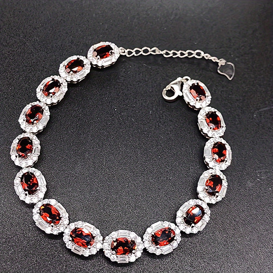 One Silver Simple Garnet Red Natural Stone Bracelet