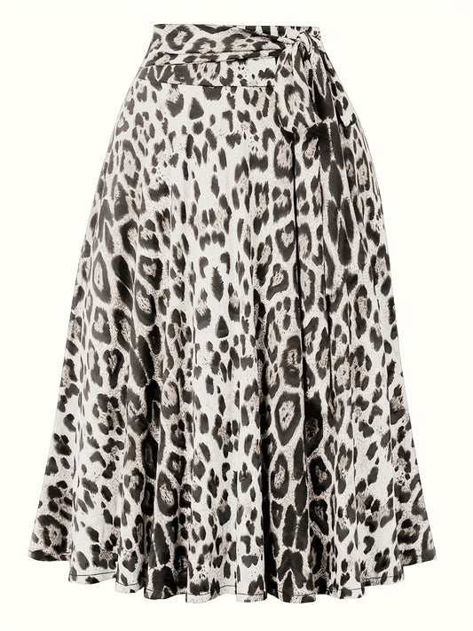 Plus Size Leopard Print Knot Skirt, Casual Elastic Waist Skirt For Spring & Summer